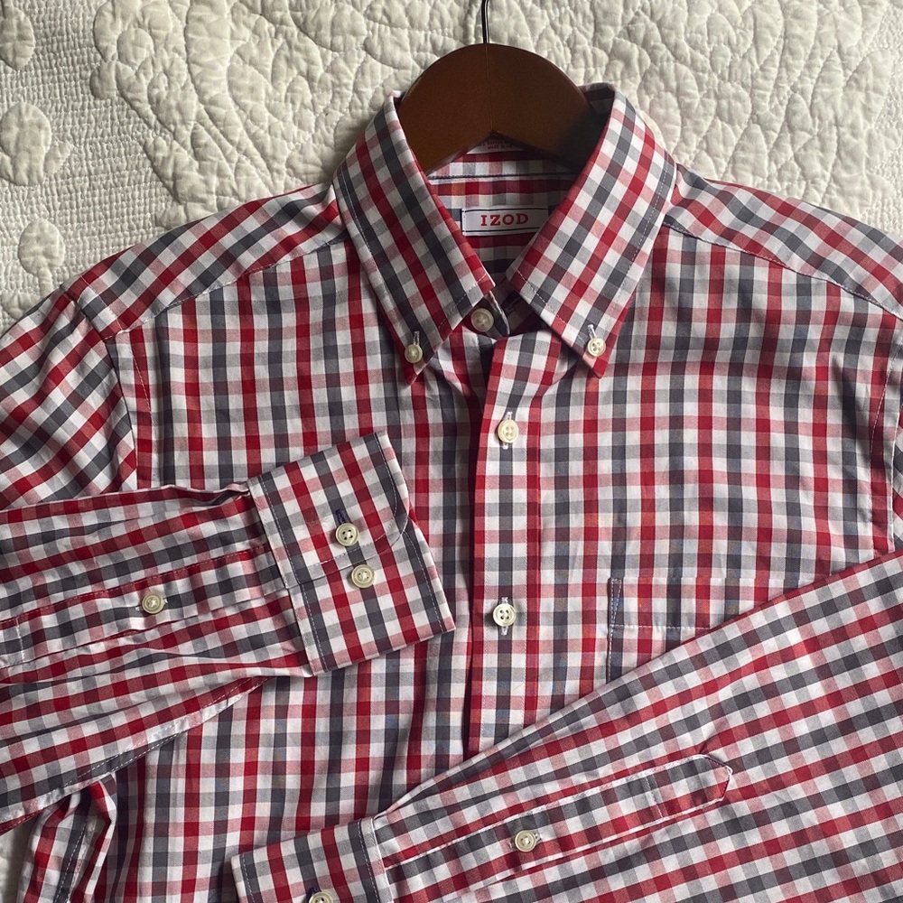Izod Men's Red Gray White Slim Fit Shirt Gingham Check Plaid Sz 14 1/2, 32/33